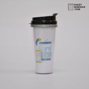 tumbler minum dengan metode branding insert paper sering dijadikan souvenir pameran