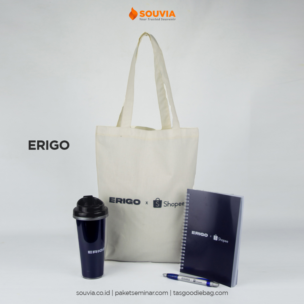 Paket souvenir berisi goodie bag, notebook, pulpen, dan tumbler minum bisa dijadikan souvenir kantor Jakarta