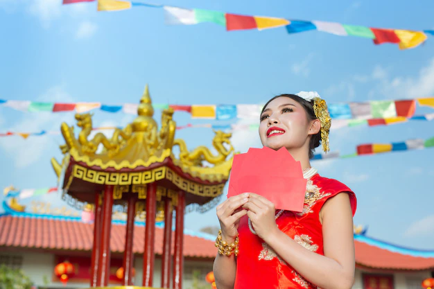 gambaran wanita membawa angpao saat liburan imlek