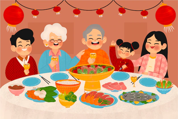Ilustrasi makan bersama saat hari raya imlek bersama keluarga