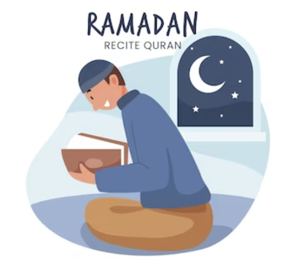 Ilustrasi pemuda sedang membaca Al quran sebagai salah satu amalan di bulan ramadan