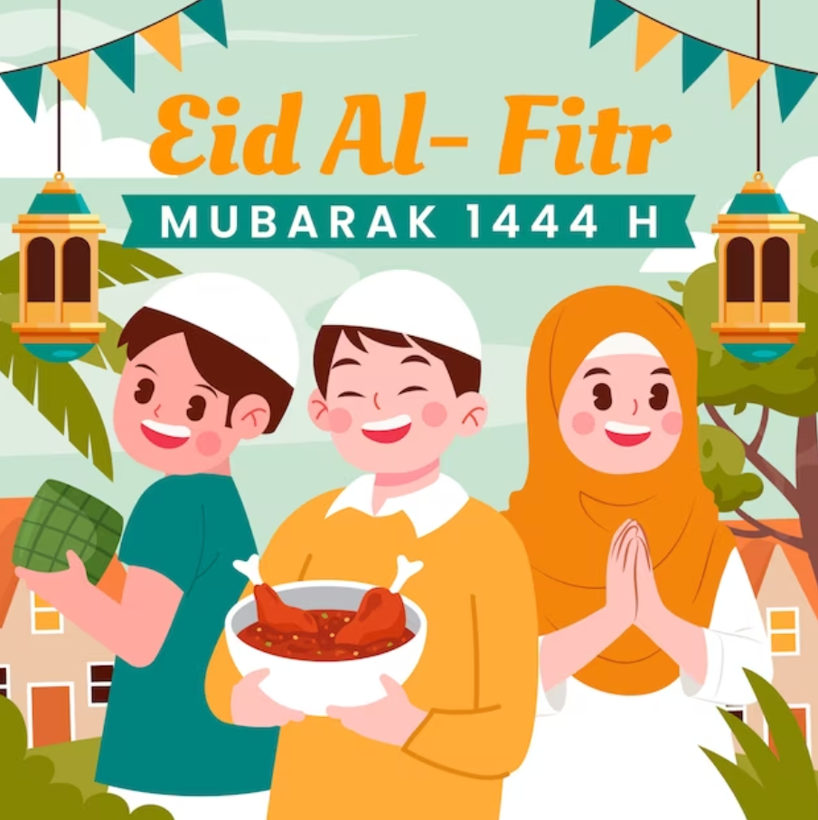 Ilustrasi selamat hari raya idulfitri dengan makanan lebaran yang khas